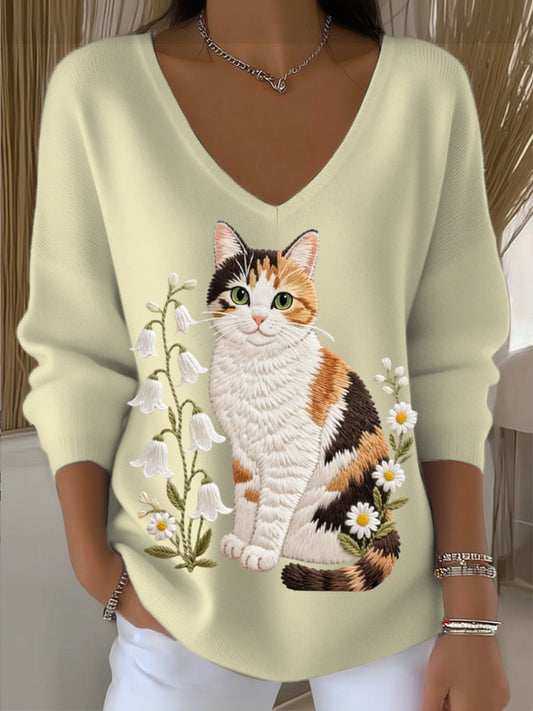 Dámské roztomilé kočky vyšívané v-neck svetr