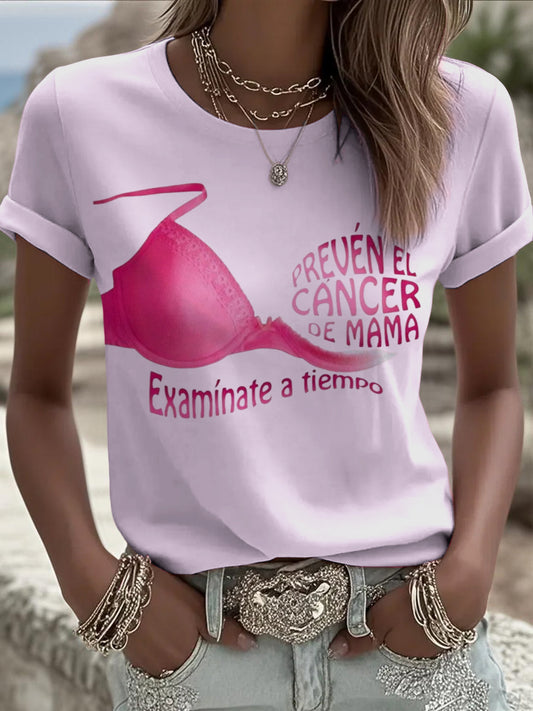 Dámské růžové rakoviny prsu styl casual kolo krku t-shirt