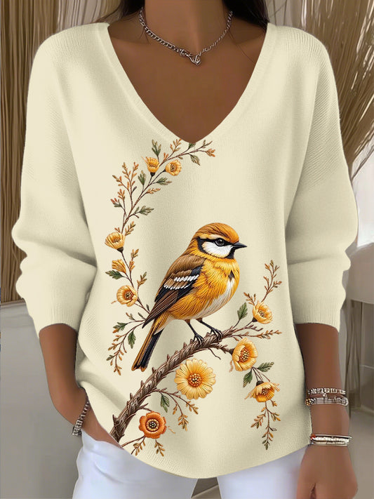 Dámské vintage ptačí a květinové umění v-neck top