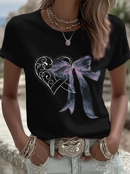 Women's black love bow style casual round neck t-shirt
