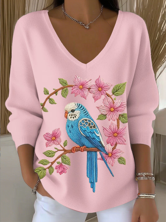 Dámské vintage ptačí a květinové v-neck top