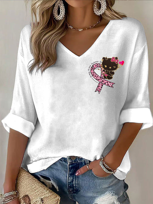 Ženy hellokitty vzor rakoviny prsu stuha styl bílé neformální v-neck dlouhé rukávy