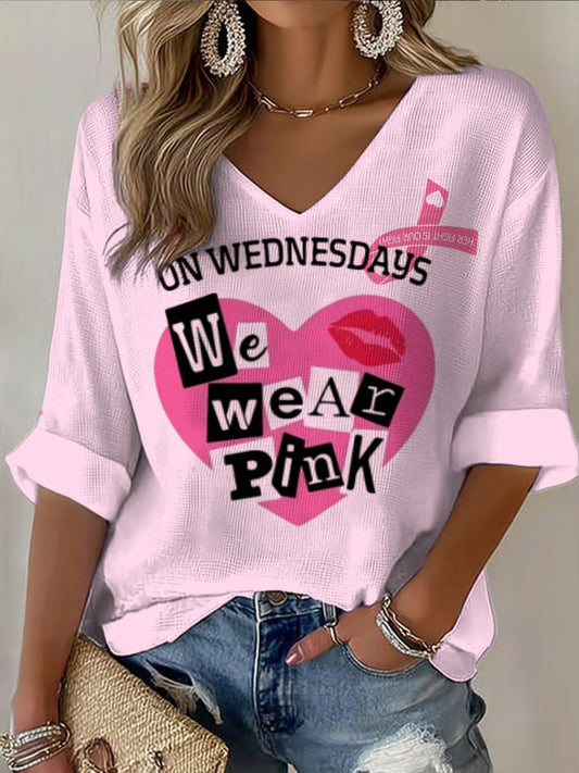 Dámské rakoviny prsu stuha styl růžové příležitostné v-neck dlouhý rukáv