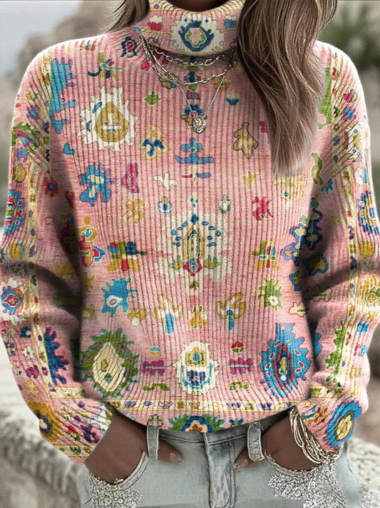 Dámské vintage etnické geometrické kvetinové vysokého krku svetr