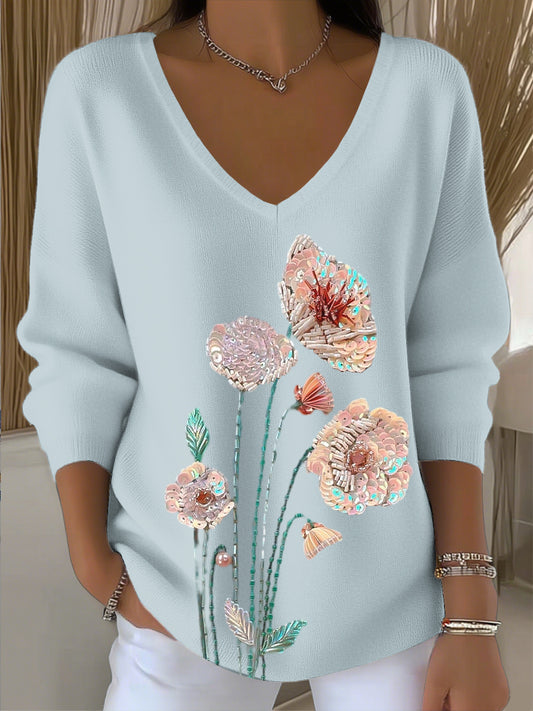 Women's vintage sequin floral art v-neck top