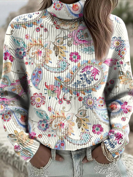 Women's vintage paisley floral art high-neck svetr