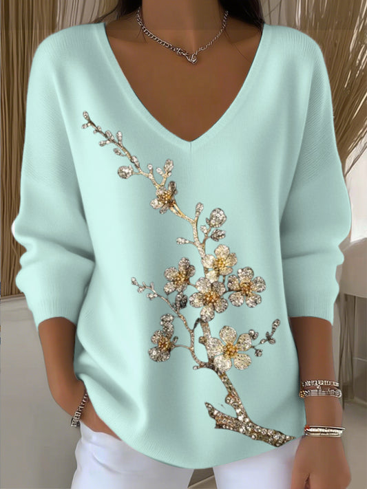 Dámské jednoduché modro-zelené diamanty květinové výšivky v-neck svetr