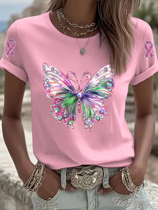Dámské růžový motýl rhinestone příležitostné tričko