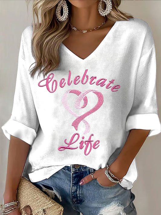 Women's breast cancer awareness casual v-neck top