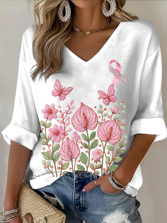 Dámské růžové květinové stuhy příležitostné v-neck top