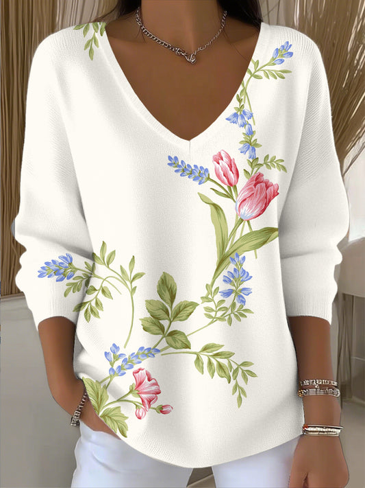 Ženy vintage abstraktní květinové umění v-neck top