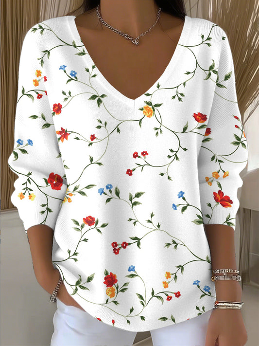 Women's vintage artistic rattan vine floral v-neck top