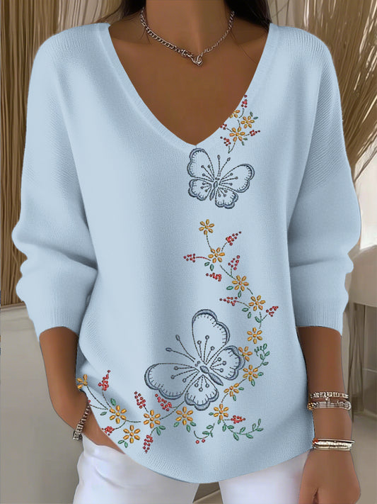Ženy vintage motýl květinové umění v-neck top