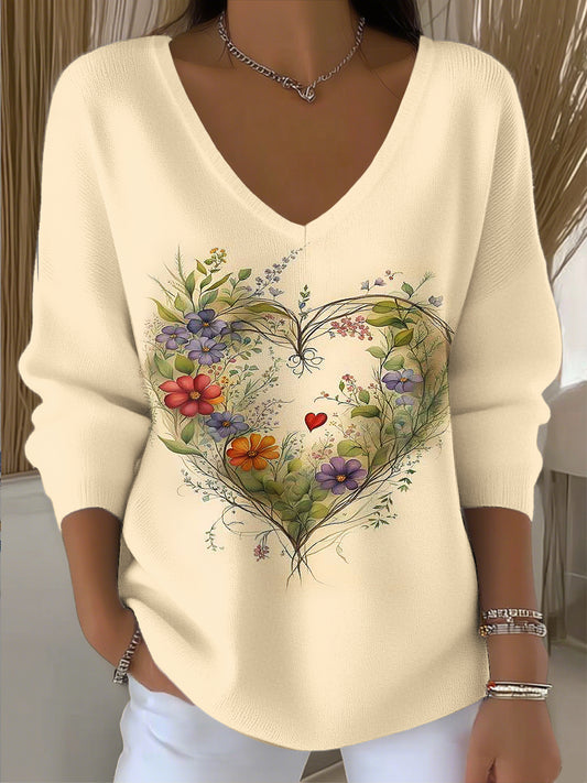 Ženy vintage srdce kvetinové umění v-neck top