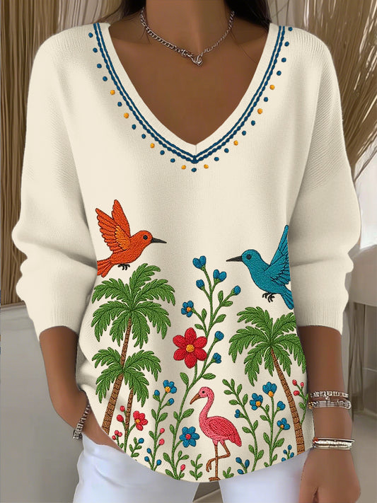 Dámské vintage kolibřík květinové umění v-neck top