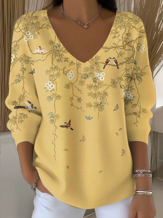 Women's vintage rattan vine floral art v-neck top