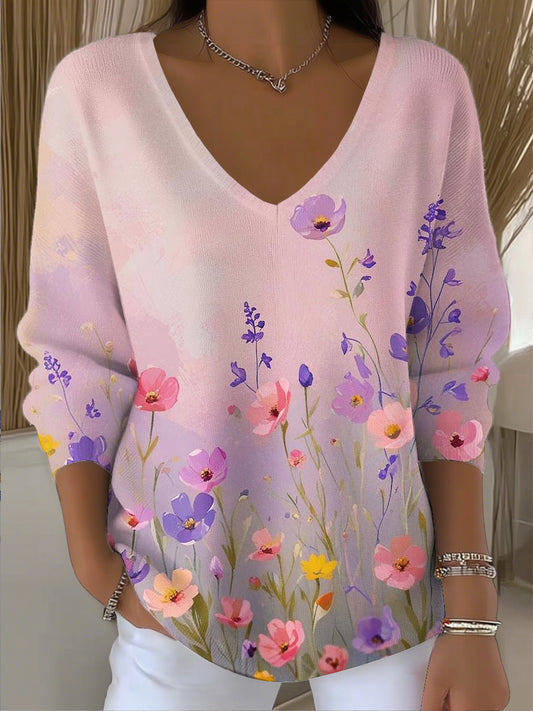 Dámské vintage romantické květinové umění v-neck top