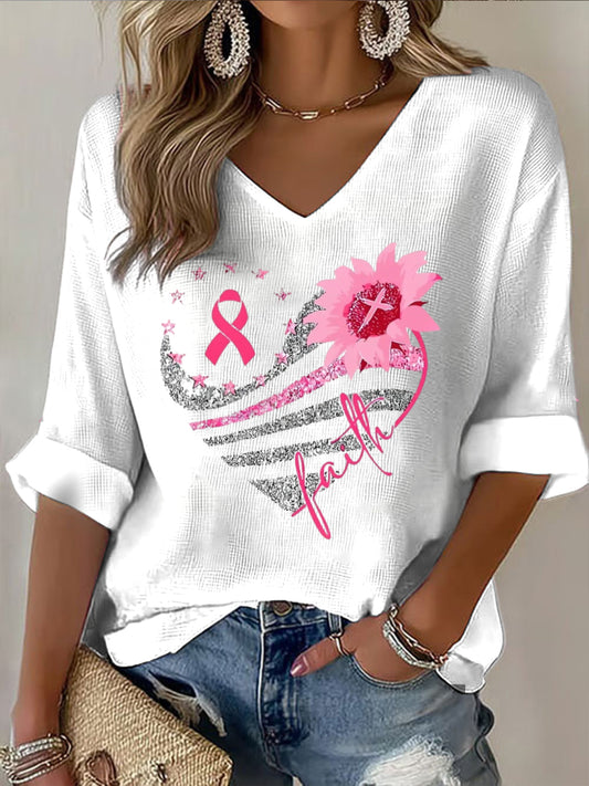 Women's october breast cancer awareness v-neck casual top