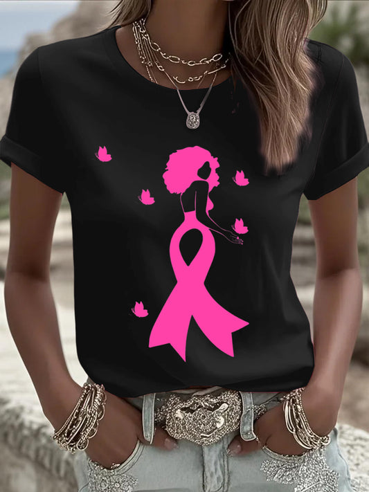 Women's breast cancer ribbon style black casual short sleeve