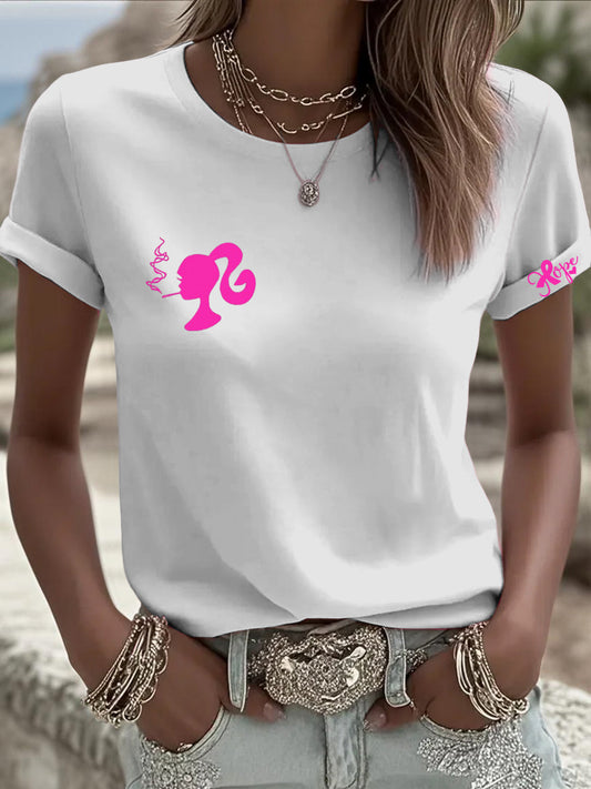 Dámské barbie vzor a slogan "naděje" čisté bílé neformální krátké rukávy košile