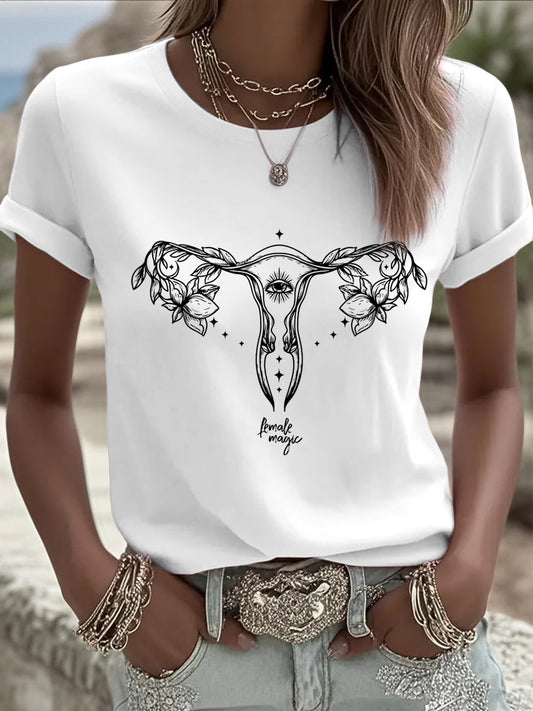Womens european trend white tshirt decorated with mysterious uterus & "female magic" print top pick for stylish daily outfits