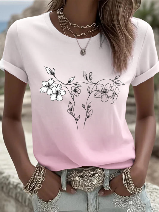Womens european fashion ombre pink tshirt highlighted by minimalist floral uterus design a musthave for elegant daily looks