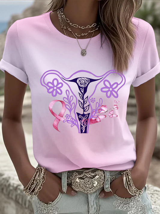 Dámské evropské trendy růžové tričko s nádhernou dělohu květinové a prsní rakovina stuha design ideální pro elegantní denní outfits