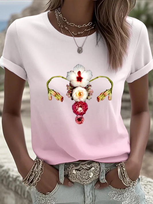 Womens european trend ombre pink tshirt showcasing vivid floral uterus print a fantastic option for stylish daily outfits
