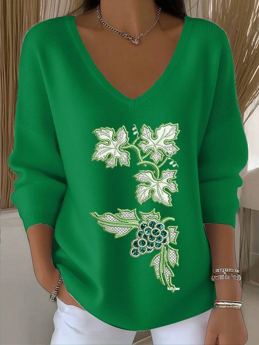 Women's vintage vine sequined art v-neck top