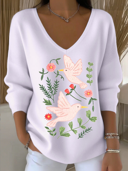Dámské evropské styl světlé růžové v-neck svetr s krásnou holubní výšivkou moderní a pohodlné vhodné pro každodenní nošení