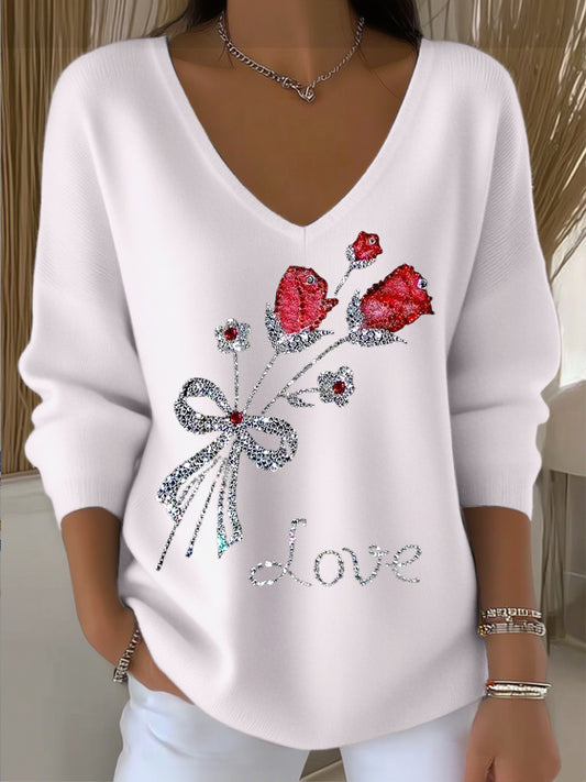 Dámské evropské styl světlé růžové v-neck svetr okouzlující s diamantovou růžovou výšivkou moderní a pohodlné snadné zvládnout denní oděv