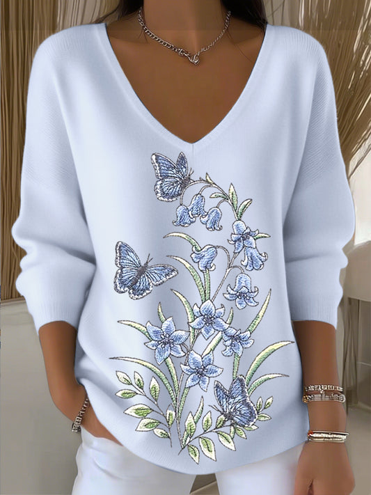 Dámské evropské styl světle modrý svetr s v-neck s okouzlující květinovou výšivkou moderní a pohodlné vhodné pro každodenní nošení
