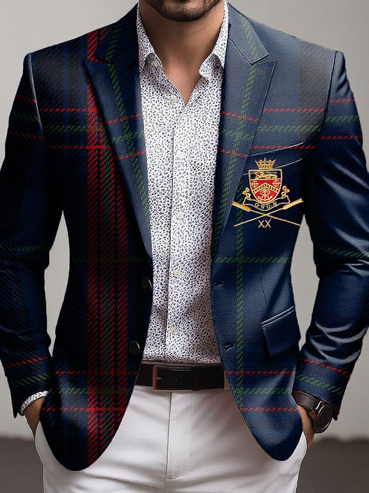Men's vintage plaid badge art business blazer