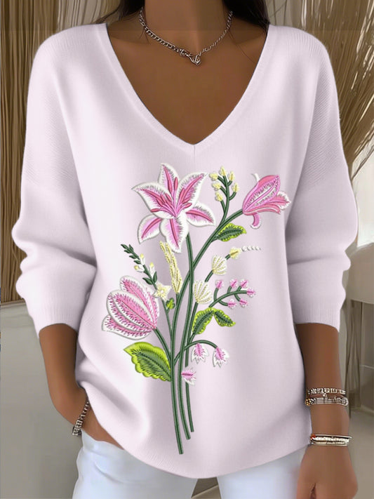Dámské evropské styl světlé růžové v-neck svetr s okouzlující květinovou výšivkou trendy a snadné nosit bez námahy vytváření každodenního vzhledu