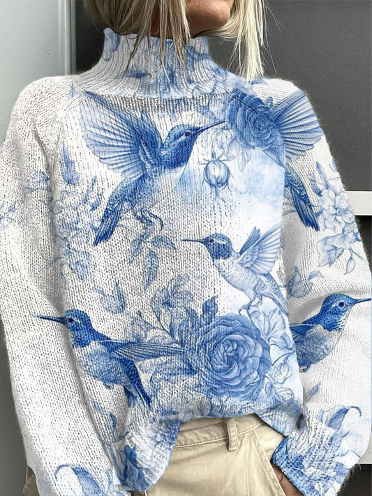 Dámské květiny a ptáky elegantní polokovný svetr