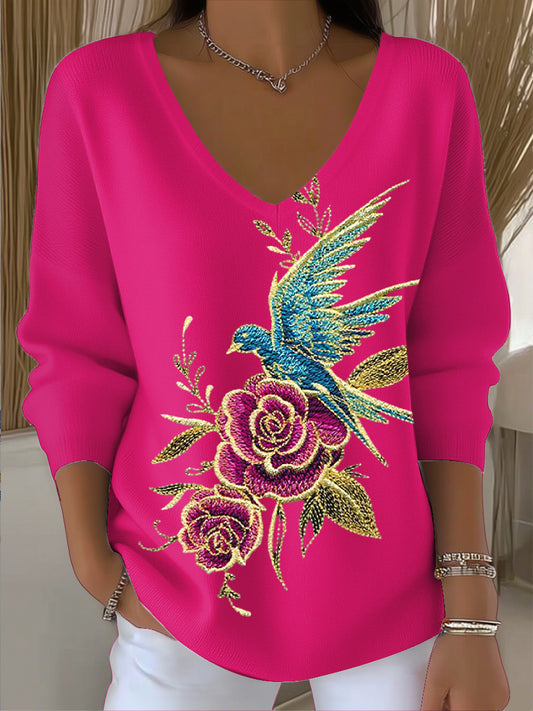 Dámské vintage ptačí a květinové umění v-neck top