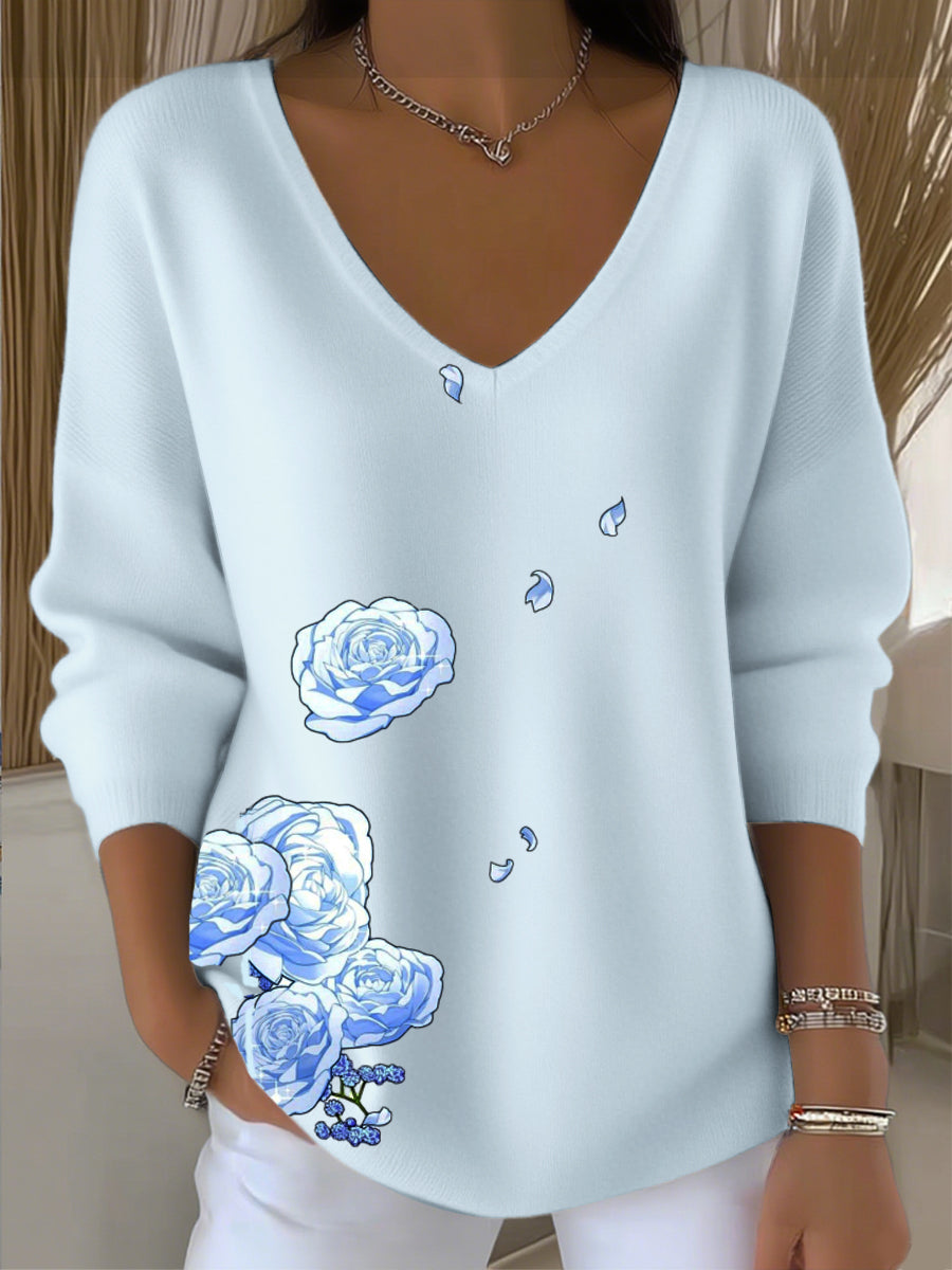 Dámské evropské styl světle modrý v-neck svetr spárovaný s krásnou růžovou výšivkou elegantní a pohodlné vhodné pro každodenní nošení