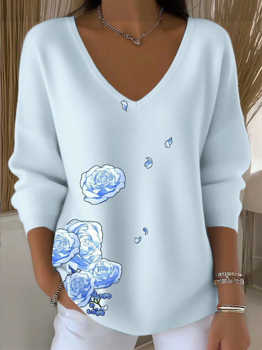 Dámské evropské styl světle modrý v-neck svetr spárovaný s krásnou růžovou výšivkou elegantní a pohodlné vhodné pro každodenní nošení