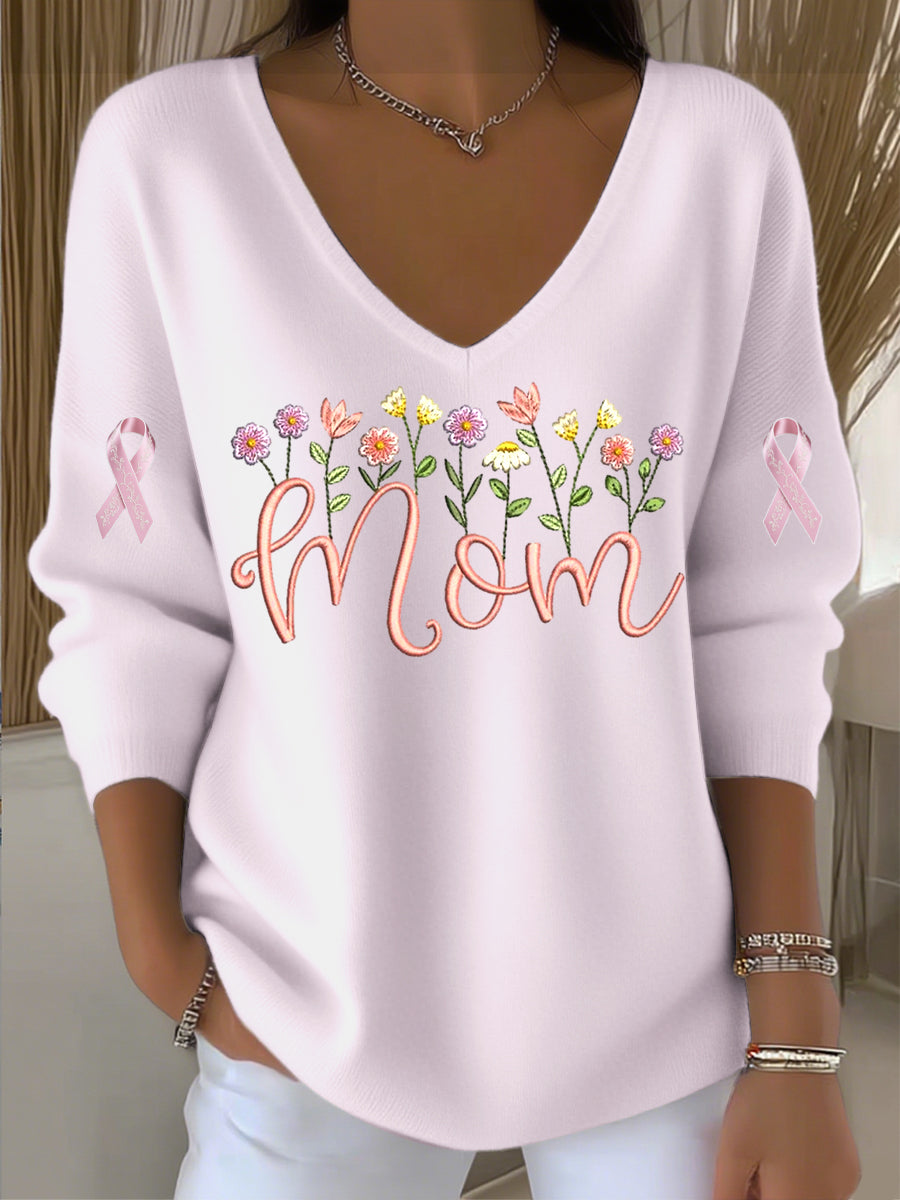 Dámské evropské styl světlé růžové v-neck svetr s "máma" květinovou výšivkou elegantní a příjemné vhodné pro každodenní nošení
