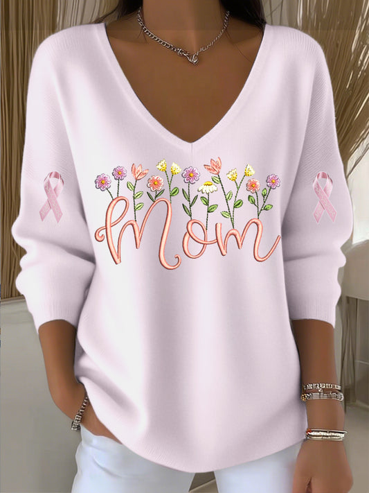 Dámské evropské styl světlé růžové v-neck svetr s "máma" květinovou výšivkou elegantní a příjemné vhodné pro každodenní nošení