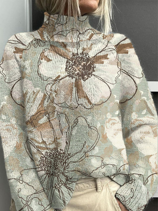 Dámské šedé-zelené květiny s vysokým krkem jumper