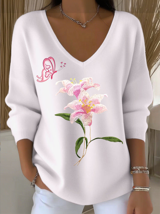 Dámské evropské styl světlé růžové v-neck svetr s květinou a motýlem výšivkou módní a pohodlné vhodné pro každodenní nošení