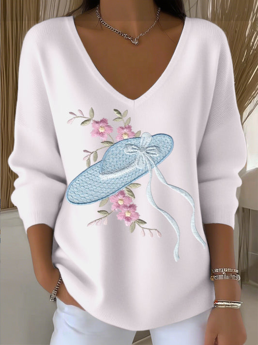 Dámské evropské styl světlé růžové v-neck svetr s roztomilým kloboukem květinové výšivky nádherné a pohodlné vhodné pro každodenní nošení
