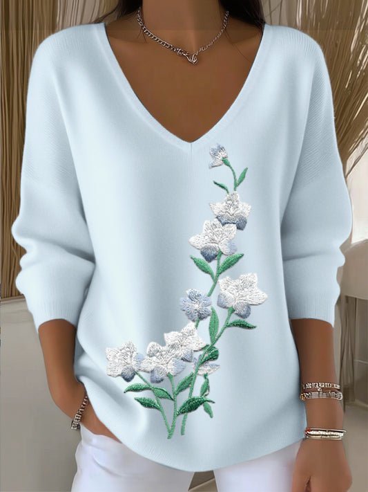 Dámské evropské styl světle modrý v-neck svetr s nádhernou květinovou výšivkou elegantní a pohodlné vhodné pro každodenní nošení