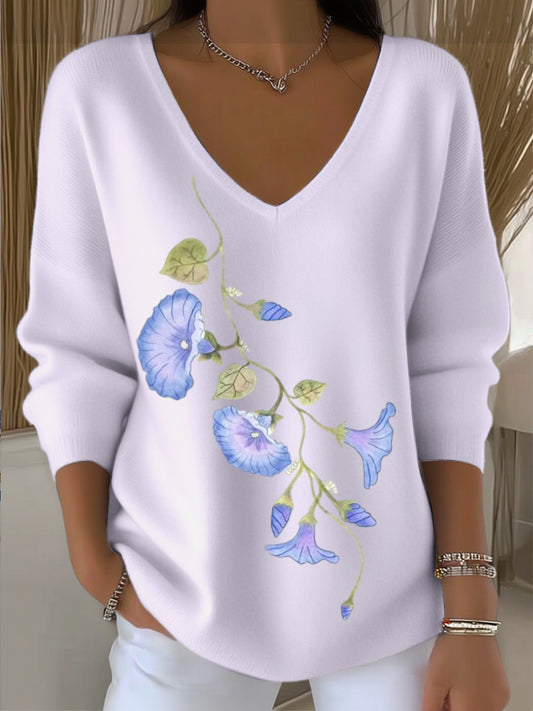 Dámské evropské styl světlé fialové v-neck svetr s okouzlující květinovou výšivkou nádherné pohodlné a elegantní vhodné pro každodenní nošení