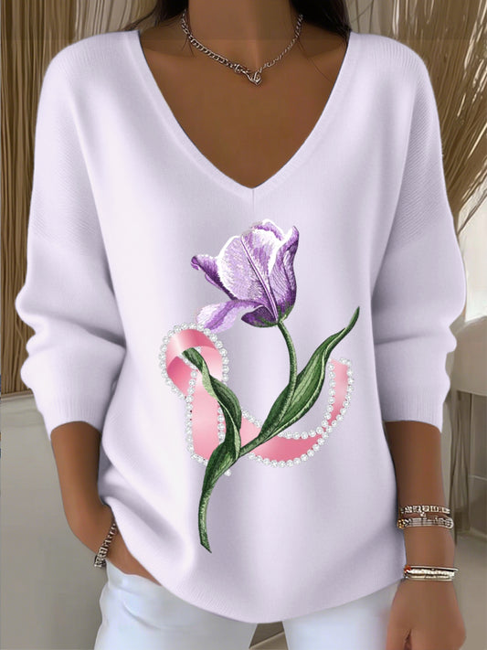Dámský evropský styl světle fialový v-neck svetr s okouzlující květinou a stuhou módní a pohodlné vhodné pro každodenní nošení