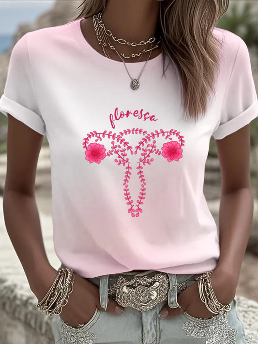Dámské roztomilé růžovébílé gradient tshirt s jemným "floresa" květinový děloha design