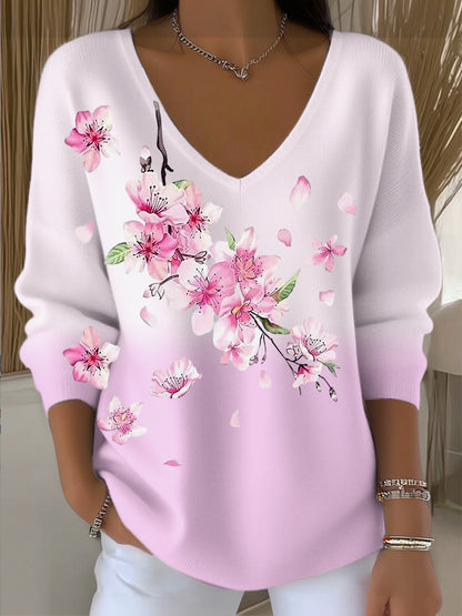 Dámské romantické růžovébílé gradient vneck svetr s růžovým třešňovým květem větev tisk multicolour / s