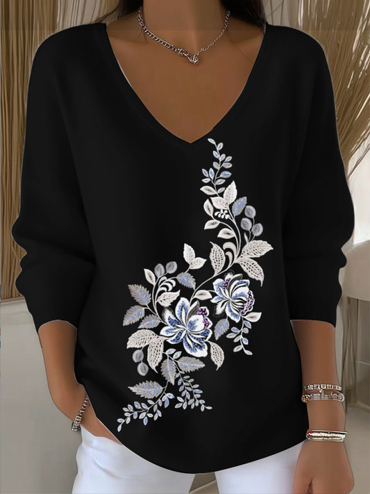Dámské elegantní černá mikina vneck s květinovou výšivkou