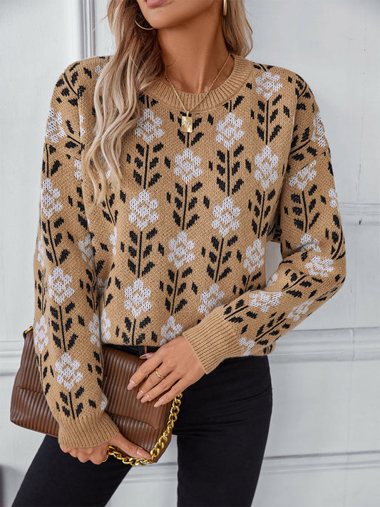 Ženské khaki květinové posádky krku jumper